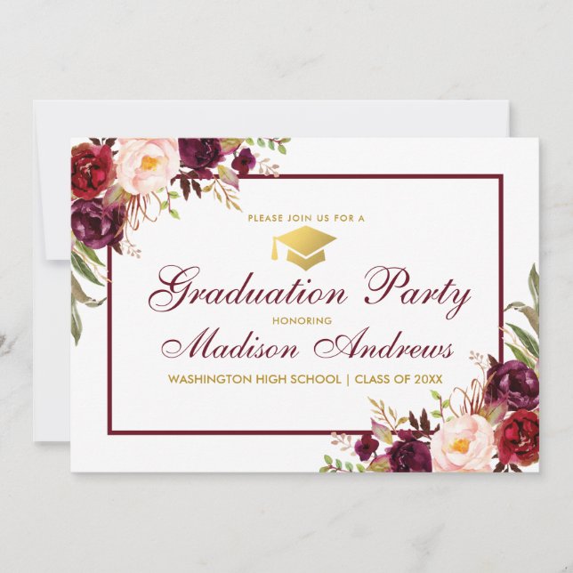 Floral Burgundy Gold Graduation Party Einladung (Vorderseite)