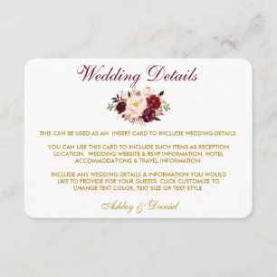 Floral Burgundy Gold Hochzeitdetails Beipackkarte Begleitkarte