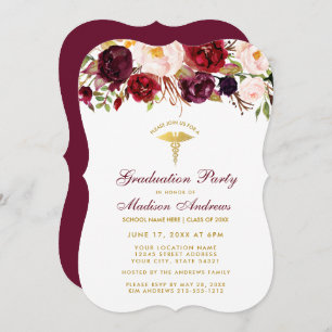Floral Burgundy Gold Medical Grad Party Einladung