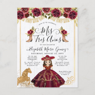 Floral Burgundy Gold Mini Princess Quinceanera Einladungspostkarte