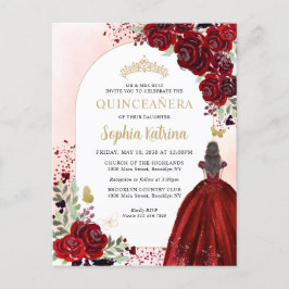 Floral Burgundy Gold Princess Birthday Quinceanera Einladungspostkarte