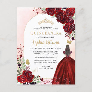 Floral Burgundy Gold Princess Birthday Quinceanera Einladungspostkarte