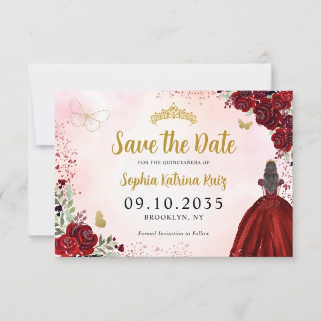Floral Burgundy Gold Princess Birthday Quinceanera Save The Date (Vorderseite)