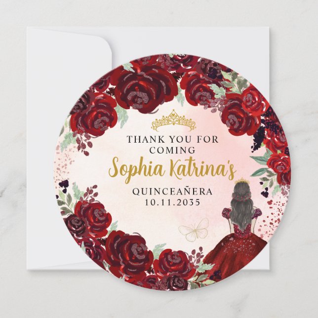 Floral Burgundy Gold Quinceanera Geburtstag Danke Einladung (Vorderseite)