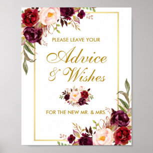 Floral Burgundy Gold Wedding Advice und Wünsche Poster