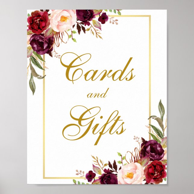 Floral Burgundy Gold Wedding Cards Geschenke Poster (Vorne)