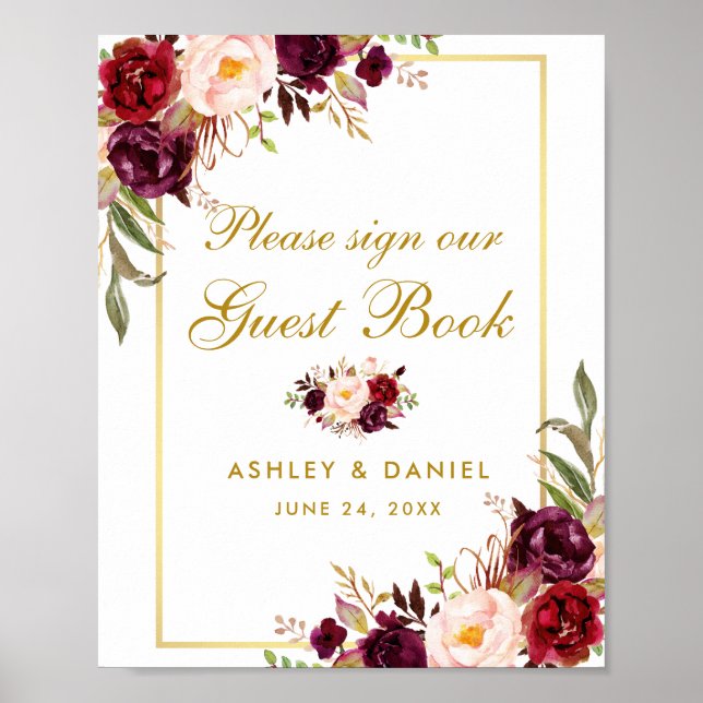 Floral Burgundy Gold Wedding Guest Book Poster (Vorne)