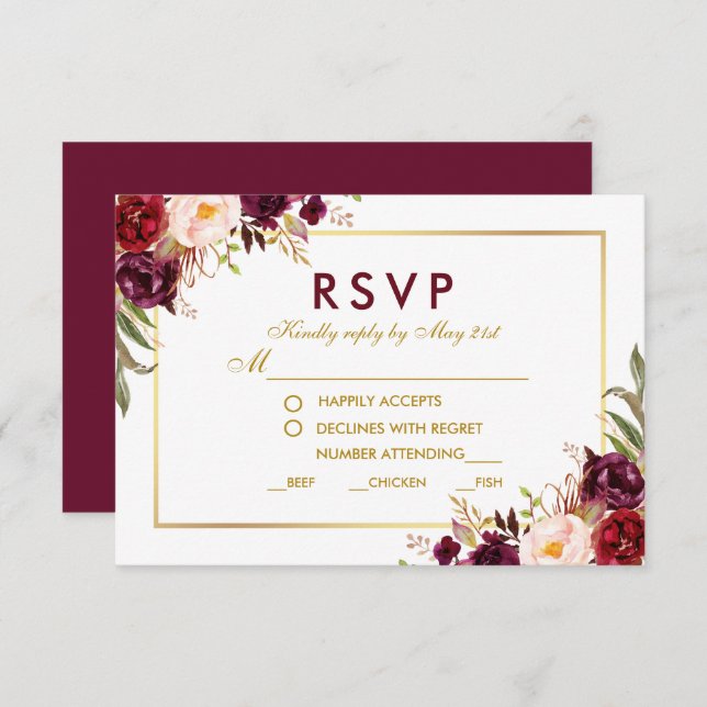 Floral Burgundy Gold Wedding Meal UAWG BG RSVP Karte (Vorne/Hinten)