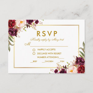 Floral Burgundy Gold Wedding Meel UAWG GB RSVP Karte