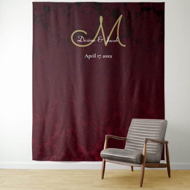 Floral Burgundy Gold Wedding Monogram Foto Stand Wandteppich (Beispiel)