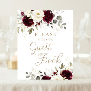 Floral Burgundy Greenery Wedding Guest Book Sign Poster