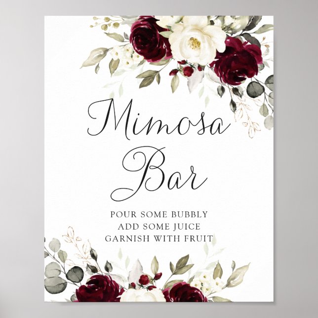 Floral Burgundy Greenery Wedding Mimosa Bar Sign Poster (Vorne)