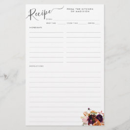 Floral Burgundy Magenta Lila Kitchen Rezept Karte