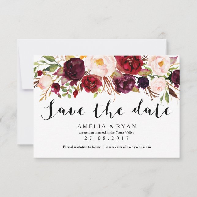 Floral Burgundy Marsala Save the Date Card (Vorderseite)
