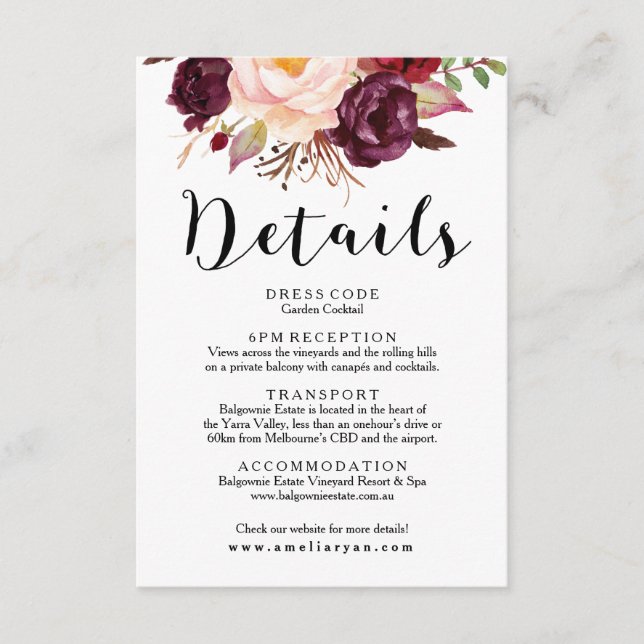 Floral Burgundy Marsala Wedding Details Card Begleitkarte (Vorderseite)