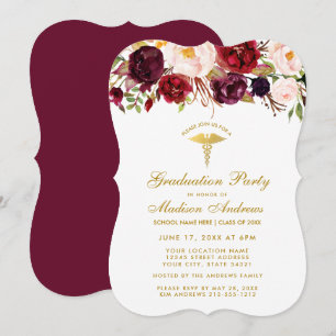 Floral Burgundy Medical Grad Gold Party Einladung 