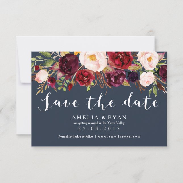 Floral Burgundy Navy Save the Date Card (Vorderseite)