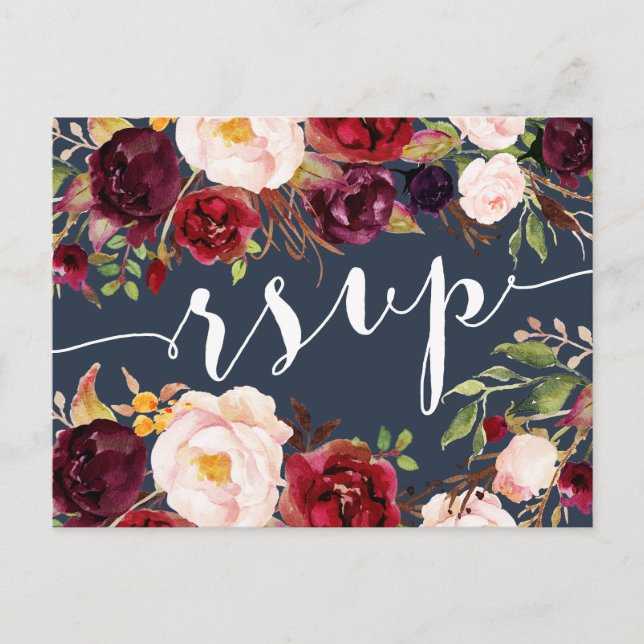 Floral Burgundy Navy Wedding RSVP Postcard Einladungspostkarte (Vorderseite)