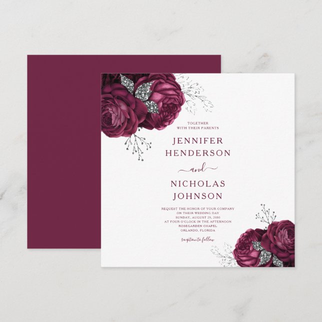 Floral Burgundy Peonies Elegante Hochzeit Einladung (Vorne/Hinten)