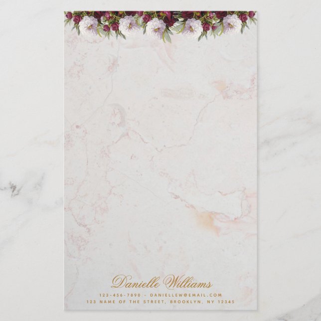 Floral Burgundy Peonies Marble Elegantes Skript Briefpapier (Vorderseite)