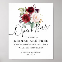 Floral Burgundy Pink Blush Bouquet Open Bar Sign Poster