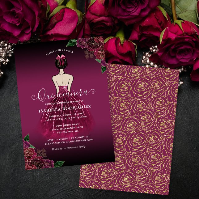 Floral Burgundy Princess Gold Birthday Quinceañera Einladung (Floral Burgundy Princess Gold Birthday Quinceañera Invitation)