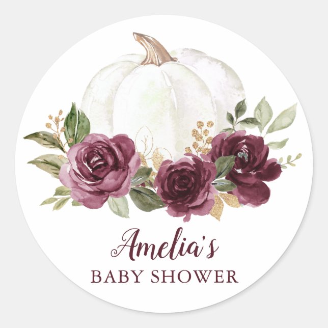 Floral Burgundy Pumpkin Baby Dusche Runder Aufkleber (Vorderseite)