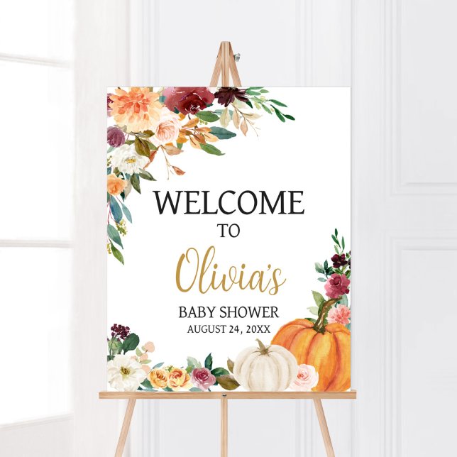 Floral Burgundy Pumpkin Baby Dusche Willkommen Poster (Pumpkin Baby Shower Welcome Sign)