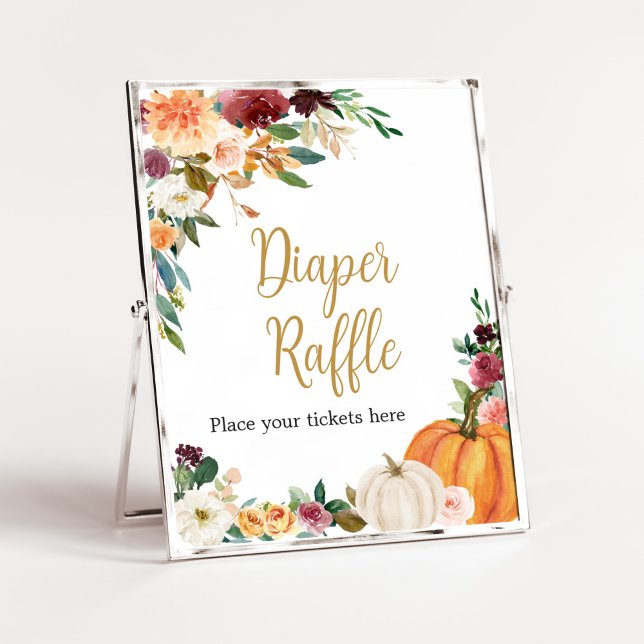 Floral Burgundy Pumpkin Baby Dusche Windelwanne Wi Poster (Pumpkin Baby Shower Diaper Raffle Sign)
