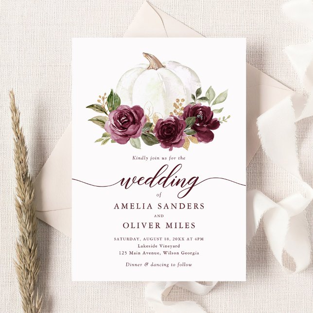 Floral Burgundy Pumpkin Fall Greenerity Wedding Einladung (Von Creator hochgeladen)