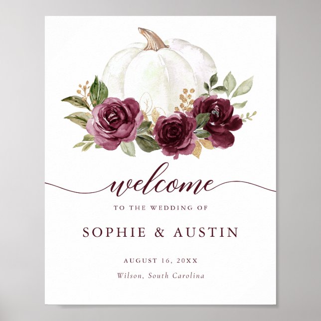 Floral Burgundy Pumpkin Hochzeit im Herbst Begrüßu Poster (Vorne)