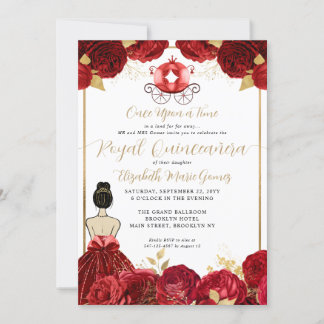 Floral Burgundy Red Cinderella Royal Quinceanera Einladung