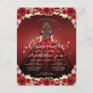 Floral Burgundy Red Gold Glam Prinzessin Quinceane Postkarte