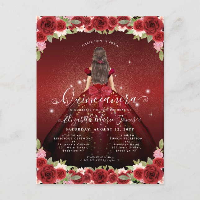 Floral Burgundy Red Gold Glam Prinzessin Quinceane Postkarte (Vorderseite)