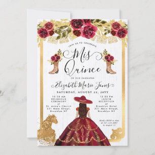 Floral Burgundy Red Gold Horse Charra Quinceanera Einladung