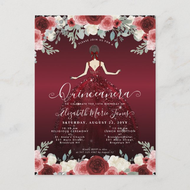 Floral Burgundy Red Princess Birthday Quinceanera Postkarte (Vorderseite)
