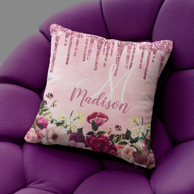 Floral Burgundy rosa Tropfrösche Glitzer Monogramm Kissen (Von Creator hochgeladen)