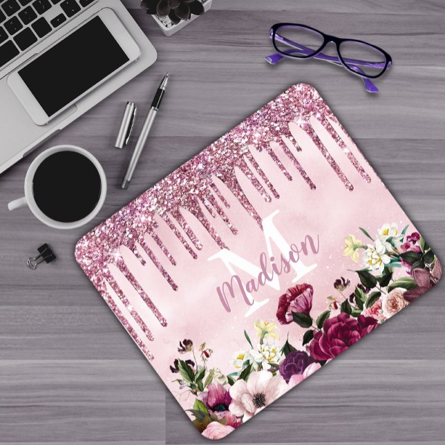 Floral Burgundy rosa Tropfrösche Glitzer Monogramm Mousepad (Von Creator hochgeladen)