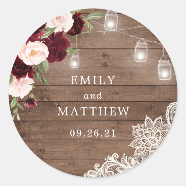 Floral Burgundy Rustic Wood Lace String Lights Runder Aufkleber (Vorderseite)