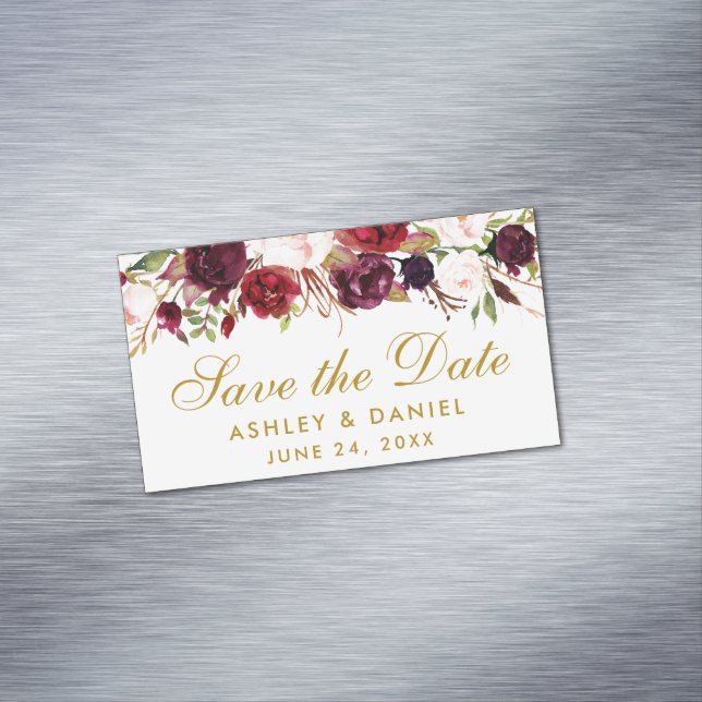 Floral Burgundy Save the Date Gold Mini Magnet (Beispiel)
