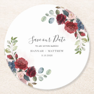 Floral Burgundy Script Wedding Save the Date Runder Pappuntersetzer