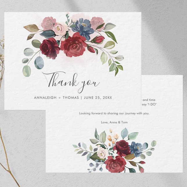 Floral Burgundy Script Wedding Vielen Dank Mitteilungskarte (Floral Burgundy Script Wedding Thank You Note Card)