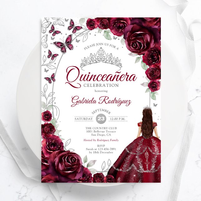 Floral Burgundy Silver Quinceanera Einladung (Von Creator hochgeladen)
