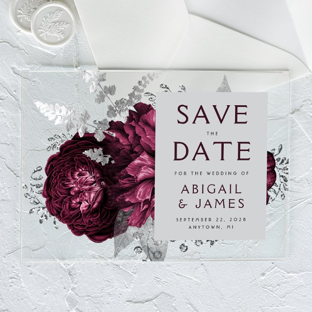 Floral Burgundy Silver Wedding Save the Date Acryleinladungen (Von Creator hochgeladen)