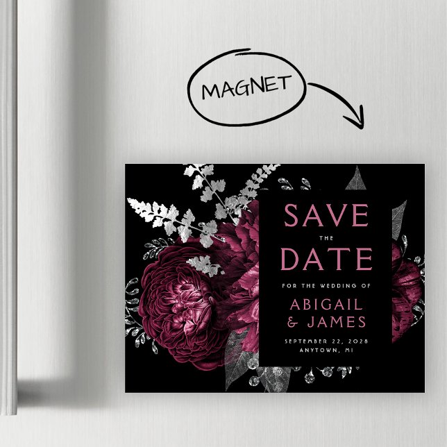 Floral Burgundy Silver Wedding Save the Date Magneteinladung (Von Creator hochgeladen)