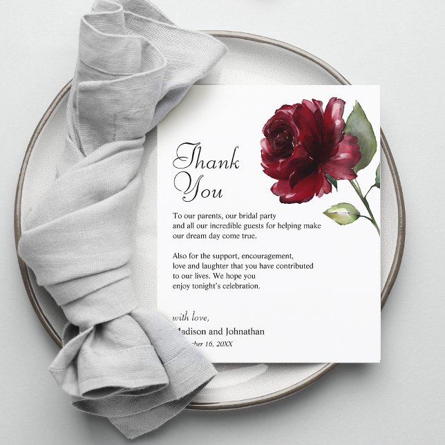Floral Burgundy Vielen Dank für Ihre Hochzeitsempf (Floral Burgundy Thank You Wedding Reception Card)