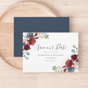 Floral Burgundy Watercolor Botanical Dusty Blue Save The Date