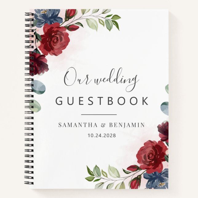 Floral Burgundy Watercolor Hochzeit im Herbst Gäst Notizbuch (Vorderseite)