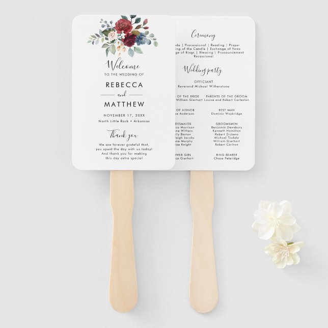 Floral Burgundy Watercolor Script Wedding Program Fächer (Vorne und Hinten)