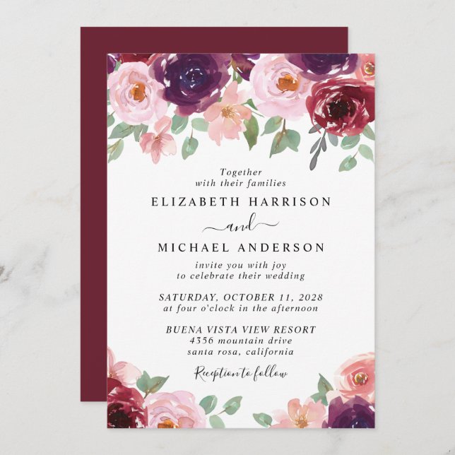 Floral Burgundy Watercolor Wedding Einladung (Vorne/Hinten)